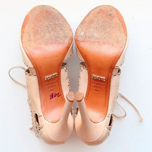 Schutz Tan Perforated Leather Heels Lace-up Peep Toe Summer Shoes Size 6.5 - Picture 7 of 16